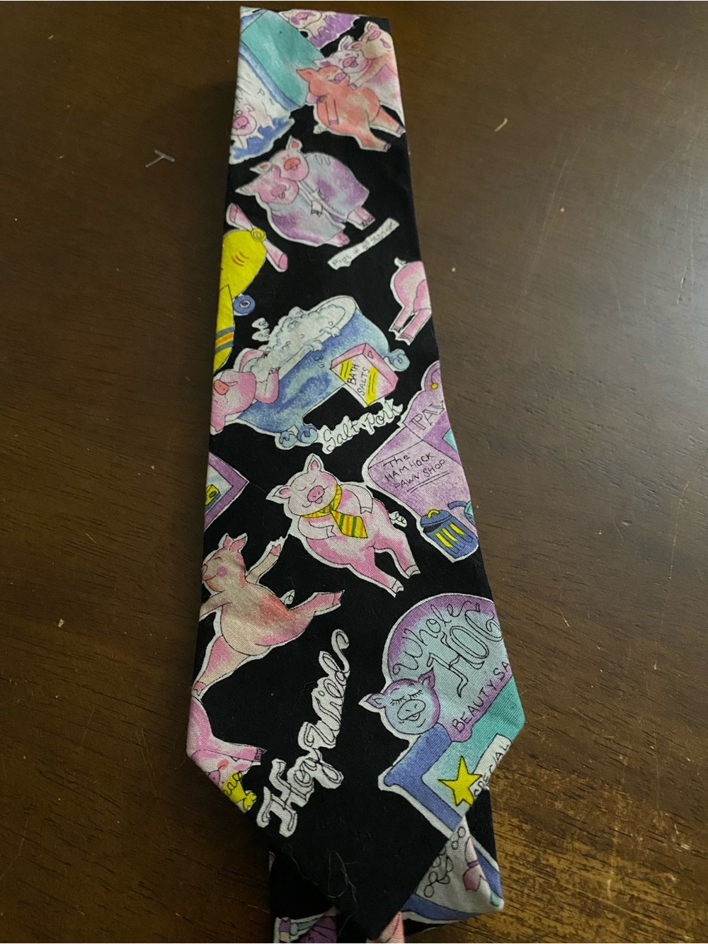 What Necks Black Tie with Playful Pink Pig Cartoon Print